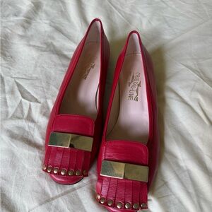 Salvatore Ferragamo Red Leather Flats with Gold Accents